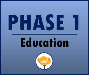 Image with text saying phase 1, education and a logo of California poppy