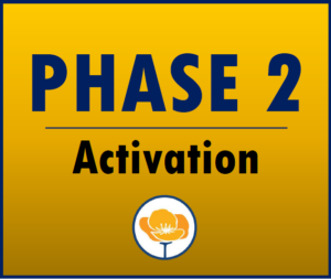 Square with, text saying phase 2 and activation. With California oppy lofo